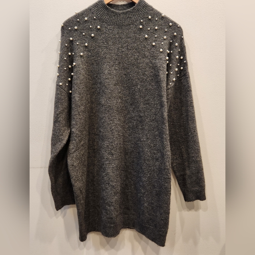ASOS Pieces Sweater Dress with Pearl Embellishments, Grey, Size US M
